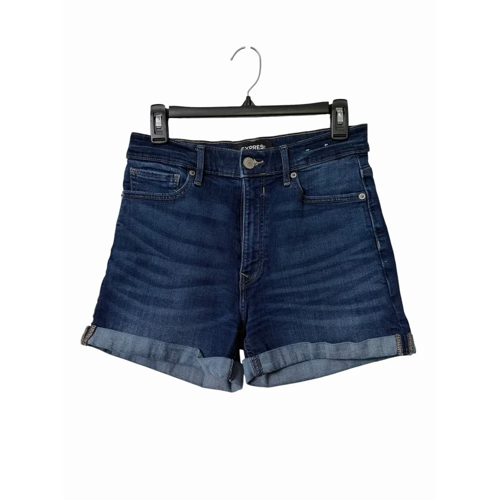 Express Mid Rise Denim Shorts Stretch Cuffed Dark Wash Jean Shorts Womens Size 4